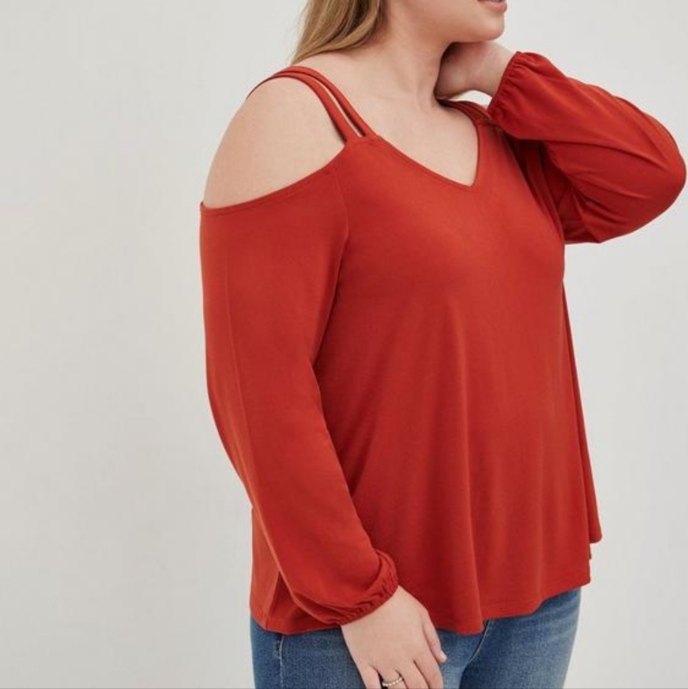 Torrid plus v neck cold shoulders balloon long sleeves top, 5X, rust/ or…